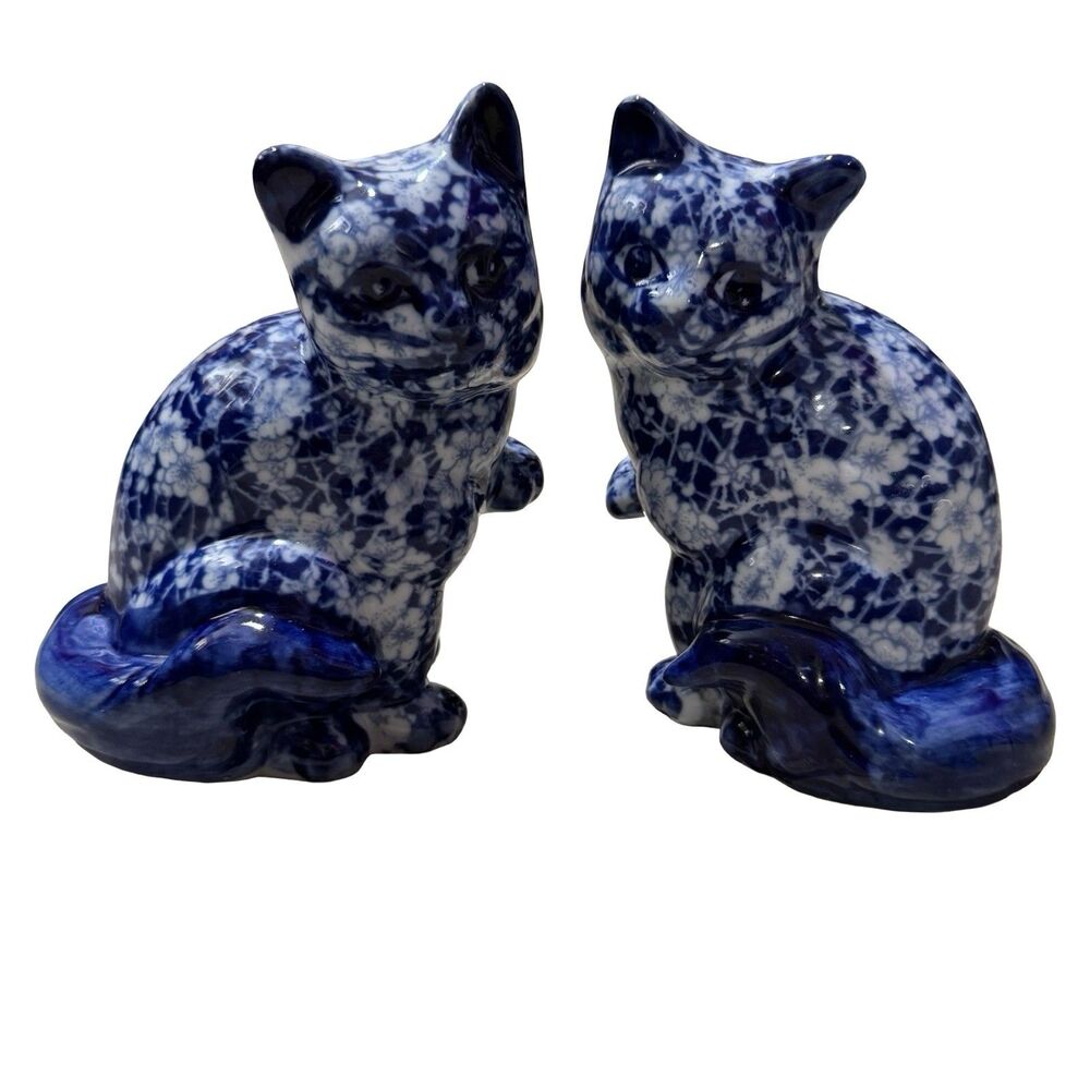 Lot Of 2 Vintage Floral Blue & White Porcelain Chintz Cat Figure 6 3/4” Tall